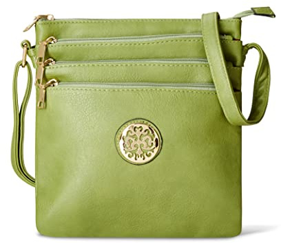 Woodland Leather Crossbody Bags For Women, Multi Zipper Spacious Cross Body Bag Women With Adjustable Crossbody Strap, Golden decorated Women's Hobos & Shoulder Bags (Green) (WL1112)