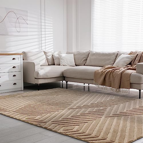 Lord of Rugs Elara Hand Made Wool Rug for Bedroom Dining Living Room Geometric Lines Tufted Modern Classic Soft Luxury Rug Taupe 120x170 cm (4'x5'6) Medium