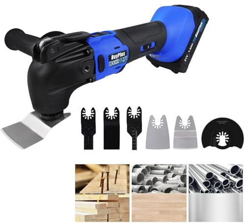 Battery Powered Oscillating Multitool, 6 Speeds, Cordless Oscillating Tool Multi Tools with 1 x 21V 1.5Ah Battery, 4 Blades, 2 Scrapers, 15pcs Sanding Sheets for Cutting, Sanding, Grinding