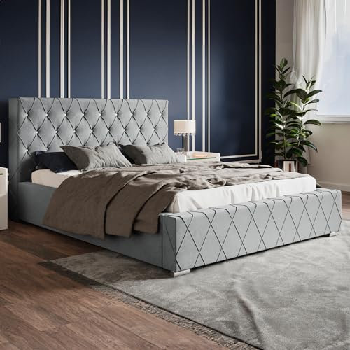 MOTIVENA Niko Polsterbett 180x200 mit Bettkasten, Bett 180x200 mit Lattenrost, Bett 180x200 mit Stauraum, Stauraumbett 180x200, mit Kopfteil, mit Strasssteinen, ohne Matratze, Samt, Grau