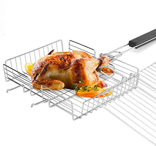 RWRAPS Tragbarer Grillkorb, Edelstahl-Grillkorb mit abnehmbarem Griff, perfekt zum Grillen von Gemüse, Fisch und Garnelen (31 x 25 x 5,5 cm)