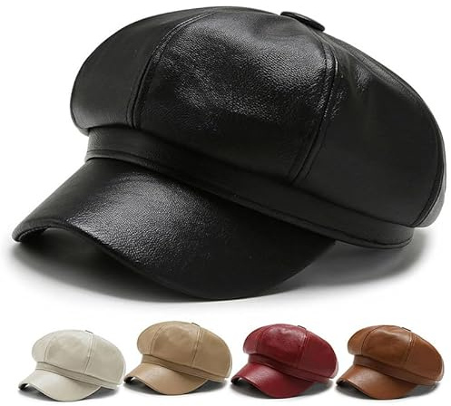 HINGTAT Konstläder Newsboy åttakantiga baskerhattar för kvinnor damer flickor bagare pojke franska kepsar vardaglig klassisk enfärgad konstnär målare keps vintage elegant visir basker höst, Svart, en