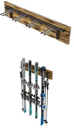 QLS Skihalterung S3 Wand Skihalter für 4 Paare 83 cm Stahl Holz hölzerne Hakenleiste Nordic Walking Trekking Stöcke Skiträger