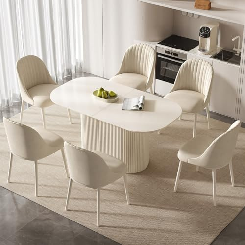 Miuuod 160cm Weiß ovaler Esstisch mit 6 Stühlen, moderner Esszimmertisch und Stuhlset, hochtemperatur- und verschleißfester, zierlicher Tisch mit Stuhlset für Esszimmer, Küche