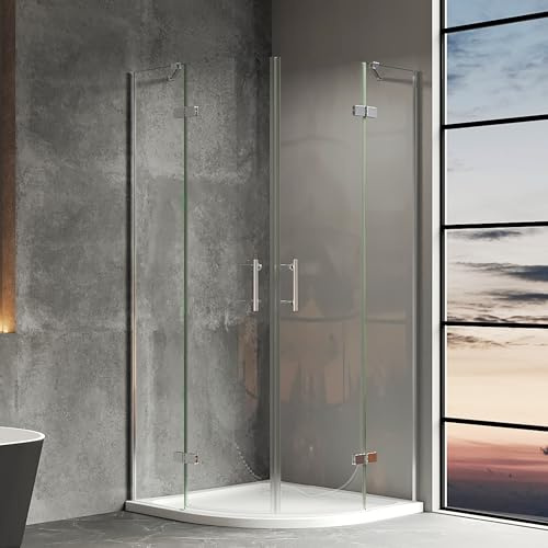 Duschkabine Viertelkreis 90x90 cm Runddusche Duschabtrennung Höhe 195cm | 6 mm ESG Sicherheitsglas Nano-Beschichtung, Rahmenloses Design, Silber, MIT Duschwanne & Ablaufgarnitur