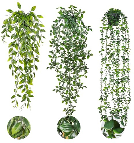 RECUTMS Fake Hanging Plants with Pots 3 Pack Artificial Ivy Vine Fake Potted Plants Faux Eucalyptus Plants Mandala Ivy Vine Leaves Pea Pod for Spring Home Room Shelf Wall Indoor Outdoor Decor