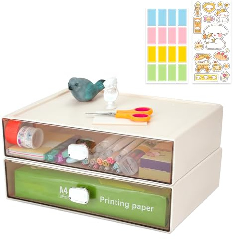 2 PCS Cajonera Plastico con 2 Cajones, Apilable A4 Papel Artesanal Cajonera Plastico con Etiquetas, Pequeños Cajones Escritorio para Papeleria, Maquillaje, Dormitorio y Oficina （L-2*Blanco）