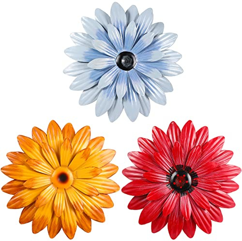 SGerste 3 Pcs Metal Flower Wall Art 3D Daisy Decor Multiple Layer Hanging Rustic Farmhouse Boho Style Decorations for Indoor Outdoor Home Living Room Office Garden (8 inches) (Retro)
