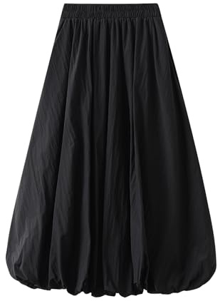 Owegvia Falda larga de globo para mujer, elegante, cintura alta, monocromática, línea A, casual, faldas fluidas, chica de coco, estética, Negro , Talla única