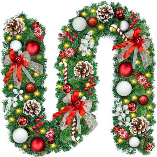 NLMWTI Guirnalda de Navidad Verde Con 50 Luces LED - 2,7M/9 ft Artificial Para Escaleras y Chimeneas Navideñas