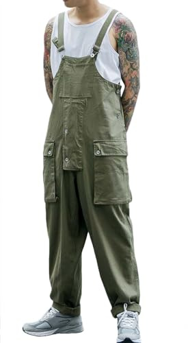 Rexcyril Men's Bib Overalls Baggy Loose Fit Workwear Sloppy Dungarees Lightweight Work Coveralls with Cargo Pockets, Army Green, 36
