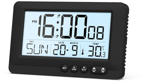 ORIA Digital Alarm Clock with Seconds, Date, Week and Temperature | Travel Desk Clock with Dual Alarms, 5-Minute Snooze, Backlight, 12/24H, °C/°F, 2 AAA Batteries Required