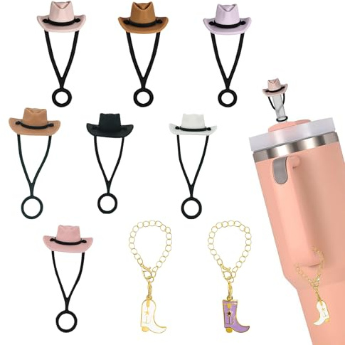 KASESSS 7 Stück für Stanley Cup Zubehör Set, Cowboyhut Strohhalm Abdeckung mit 2Pcs Stiefel Anhänger, Wiederverwendbare Strohhalm Verschluss, Silikon Strohhalm Deckel, 10MM Universal Straw Cover