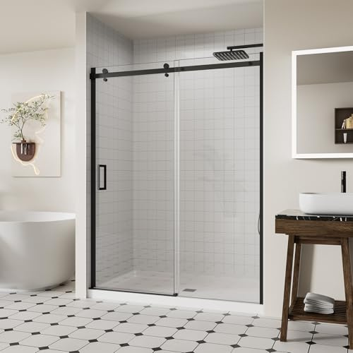 ACE DECOR 56-60 W x 74 H Frameless Sliding Shower Door, Glass Shower Door with 5/16 (8mm) Clear SGCC Tempered Glass, Matte Black Finish Shower Doors, Reversible Installation