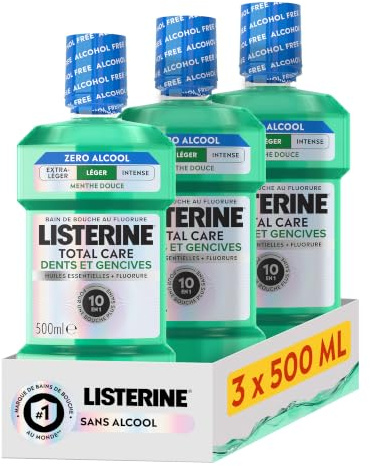 Listerine Bain de Bouche Total Care Dents et Gencives Sans Alcool 3x500 ml | Hygiene bucco-dentaire complete et protection efficace des gencives sensibles - Goût léger - Menthe douce