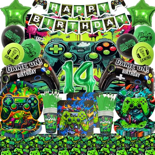 Mowtential 103 Stücke 2025 neu Geburtstagsdeko Gamer Grün,14 Jahre Geburtstagsdeko Junge,Gaming Deko,videospiel partygeschirr(Kindergeburtstag 14 Jahre)