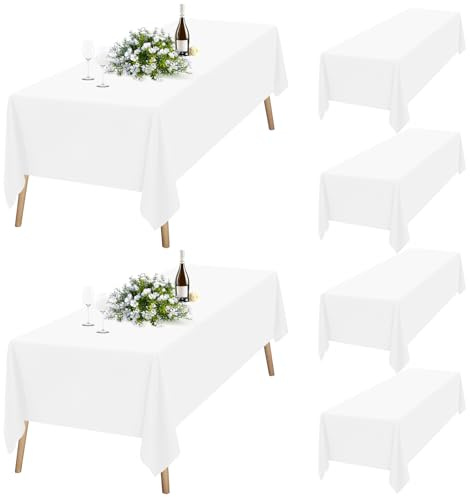 Teruntrue 6 Stück Tischdecke, rechteckig, weiß, Stoff, 153 x 260 cm, waschbar, rechteckig, für Tische mit 6 Füßen, Tischdecke aus Polyester, für Party, Hochzeit, Buffet, Camping, Restaurant