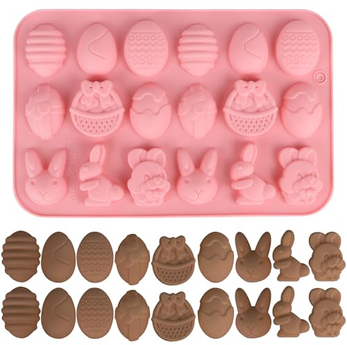 LOMIMOS 1 PCS Moule Chocolat à Oeufs de Paques en Silicone,18 Moules en Forme d'œuf, de Lapin, de tête de Lapin, de Panier pour fête de Pâques Chocolat,Bonbons,Biscuits,Gelée
