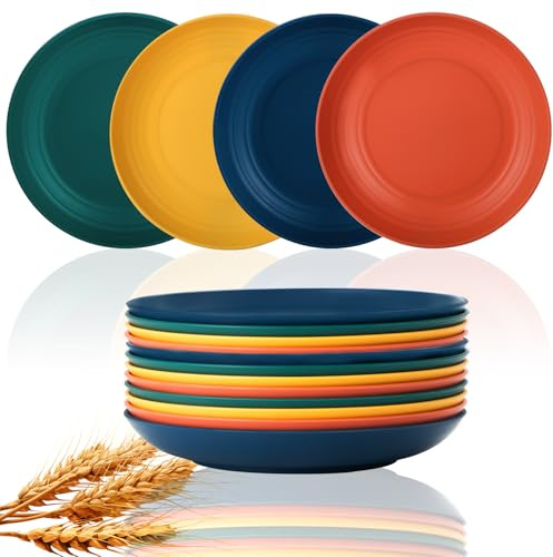 Lazycorner Dinner Plates Unbreakable Wheat Straw Plates Kids Plate Set of 12 Alternative for Plastic Plates Reusable Plate for Kitchen Dishwasher Safe (10 Inches-4 Colors)