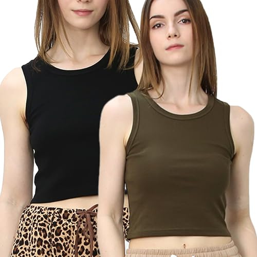 OCCIENTEC Top Corto Mujer 2-Pack, Camiseta Corta Sin Mangas Ajustado, 95% Algodón, Básico para Uso Diario Negro y Verde,M