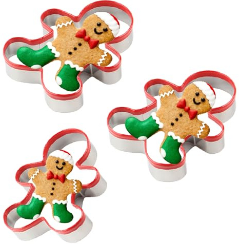 Set di 3 formine per biscotti a forma di omino di pan di zenzero, in acciaio inox, per biscotti natalizi, dimensioni piccole, medie e grandi, con bordo rosso in PVC ecologico
