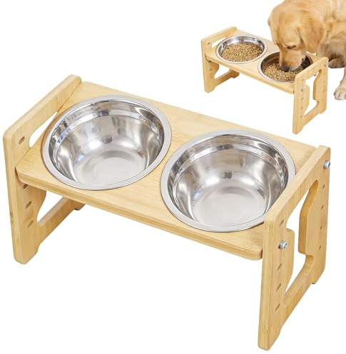 Gamelle pour chien surélevée, antidérapante, réglable en hauteur, inclinaison à 15° et protection des articulations, support réglable pour chien, station d'alimentation en bois, support pour gamelle