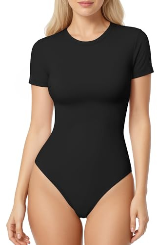 TRENLIVER Womens Short Sleeve Thong Bodysuits Crew Neck Stretchy Body Suits Basic Outfit T Shirts Summer Tops 2026 Black M