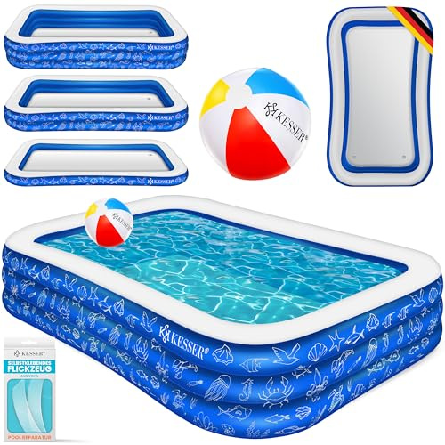 KESSER® Aufblasbarer Pool Familienpool für Kinder und Erwachsene Gartenschwimmbad Familienschwimmbad Sommer 240x142x56 cm Planschbecken 613 Liter Füllmenge Kinderfreundlich Inkl. Flickzeug & Ball