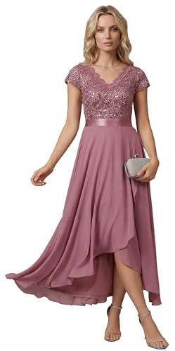 Ever-Pretty Robe de soirée asymétrique Femme col V | Dentelle et mousseline Coupe Trapèze Manches Courtes Paillettes Jupe Volantée EE02644
