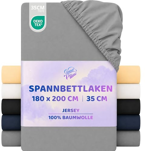 Cloud Pillow Spannbettlaken 180x200 Jersey 100% Baumwolle 160 g/m² Grau | Für hohe Matratzen und Boxspringbetten, bis 35 cm Steghöhe, Rundumgummi, 60 °C waschbar, OEKO-TEX Standard 100