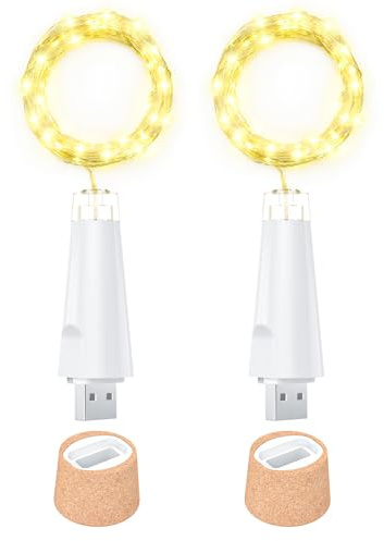 Ceepko USB Flaschenlichter Wiederaufladbar LED Korklichter 20 LEDs Kupferdraht für Weinflaschen Tischdeko Party Hochzeit DIY(Warm weiß, 2 Pack)