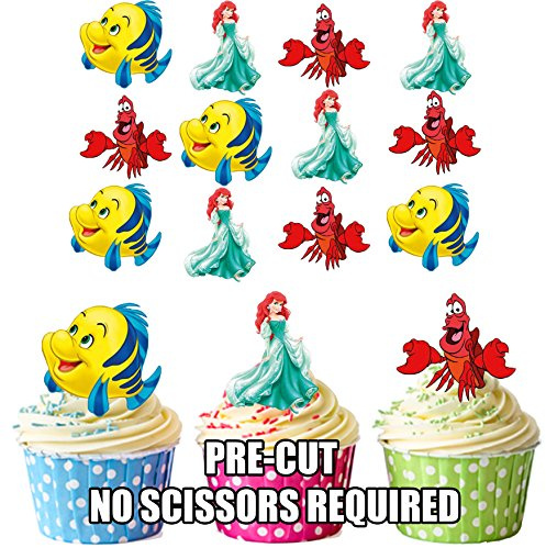 AK Giftshop PRE-CUT Princess Ariel/The Little Mermaid - Edible Cupcake Toppers/Cake Decorations (Pack of 36)
