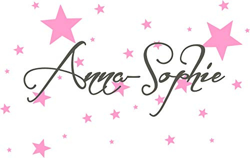 timalo® Wandtattoo Kinderzimmer mit Namen, 50 selbstklebende Sterne - für Mädchen und Jungen, Aufkleber Wunschname, Namensaufkleber, Farbwahl 73065+70016 (dunkelgrau/rosa, Breite Name 29 cm)