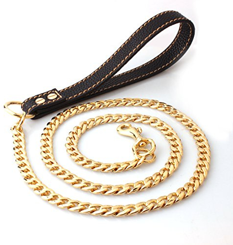 Anti-traction Corde Laisse Chien Moyen Grand Taille Laisse Acier Inoxydable Couleur Dorée Sécurité Cordon Dressage Heavy Duty Métal Chaîne Cuir Poignée 1,3 M Laisse Promener (Noir Poignée, Or)