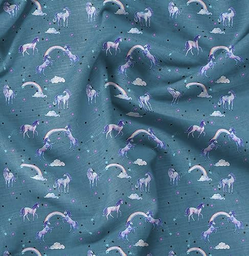 Soimoi Blau Baumwolljersey Stoff Einhorn & Regenbogen Natur Stoff Meterware 58 Zoll breit