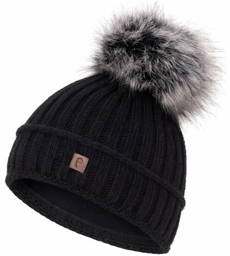 Faera Wintermütze Damen Mütze gefüttert mit Kunstfell Bommelmütze Mädchen Fleecefutter Winter Strickmütze Beanie Herren 34