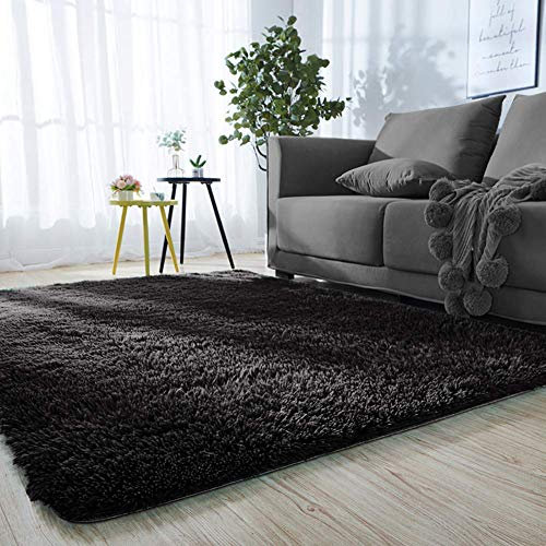 AMCER Rechteck Hochflor Teppich, Hochwertig Pflegeleicht, Bettvorleger für Wohnzimmer Schlafzimmer Sofa - Schwarz, 200x300 cm