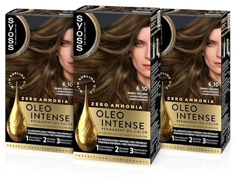 Syoss Oleo Intense - Tinte 6-10 Rubio Oscuro – Coloración permanente Sin Amoníaco – Cobertura profesional de canas – Resultados de peluquería (Pack De 3)