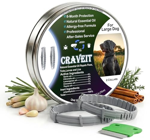 Craveit Dog Flea Collar, 2 Pack Flea Collar for Dogs Large, Gentle Plant-Based Tick Repellent for Large Dog, Waterproof & Adjustable, 8-Month Long-Lasting Defense