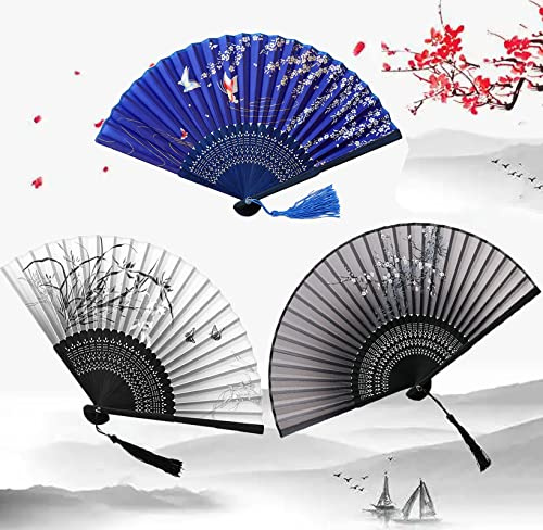 Guidre 3 Seide-Fächer– 3pack Handfächer, Fecher Sommer Hochzeit, Hand Fan Asiatische Deko für Geburttag, Party, Wedding, Fotografie, Wand Dekoration