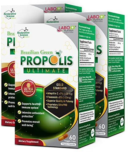 LABO Nutrition Brazilian Green Propolis Ultimate – Propolis Extract with 28mg Artepillin C and 5% Flavonoids Natural Bee Supplement for Immune, Brain Support High Concentrate Propolis, 60 Veg Capsx3