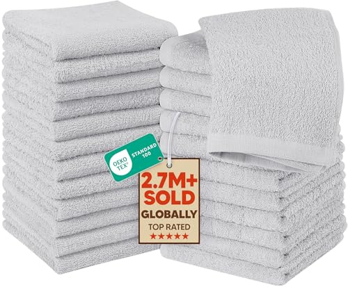 Utopia Towels Cotton Washcloths Set - Pack of 24-100% Ring Spun Cotton, Premium Quality Flannel Face Cloths, Highly Absorbent and Soft Feel Fingertip Towels (24 Pack, Silver)