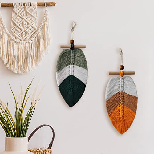TROYSINC 2er Set Makramee Wandbehang, Handgefertigte Gewebte Blatt Feder Tapisserie Quaste, Handgewebt Boho Deko Wandteppich für Wohnzimmer Schlafzimmer Dekoration