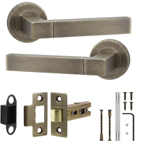 Decoranddecor Antique Brass Door Handles Internal with Tubular Latch | Door Handles with Latch Set, Internal Door Handles, Interior Door Handles, Handle Set, Indoor Door Handles, Lever on Rose