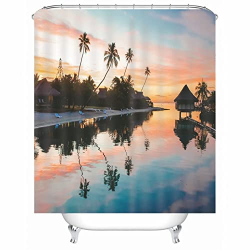 EHOMERY Duschvorhang Verlängerung Duschrollo Ohne Bohren Badewanne Kokosnussbaum-Küste-Strand-Sonnenuntergang Polyester Orange Rostfreie Ösen Und 12 Hakenringe, 180X200Cm