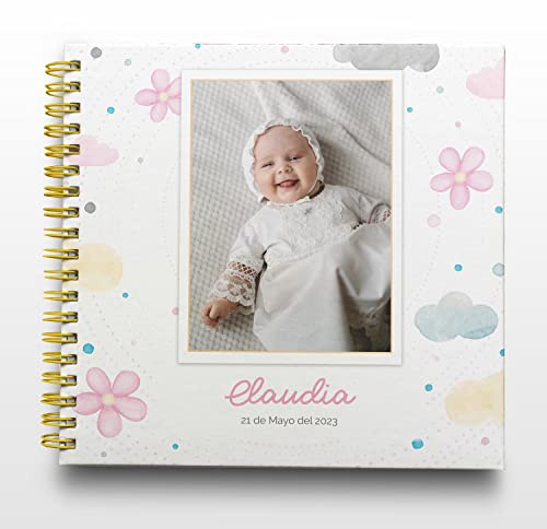 Libro de Firmas Bautizo Niña Personalizado - Tamaño 25 x 21 cm. Personalización del Álbum en Portada Foto y Nombre - 60 Páginas Impresas a Color. ONEPERSONAL (Libro bautizo niña)