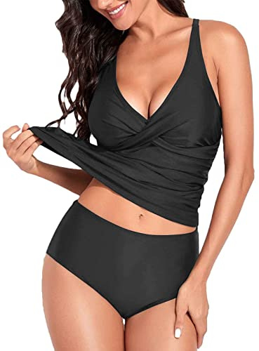 Yutdeng Tankini Donna Mare in 2 Pezzi Curvy Costume da Bagno Donna con Slip Scollo a V Push Up Bikini Top con Vita Medio-Alta Boyshort Beachwear Removable Reggiseno Imbottitoda Swimsuit Mare,Nero,S