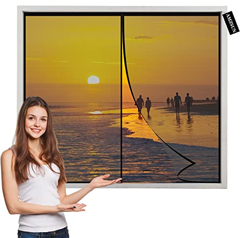 Magnetic Fly Screen Window with Magnets 95x70cm Black with Heavy-Duty Anti Mosquito Mesh No Gap-Washable Mesh for Patio Balcony Garage Cellar