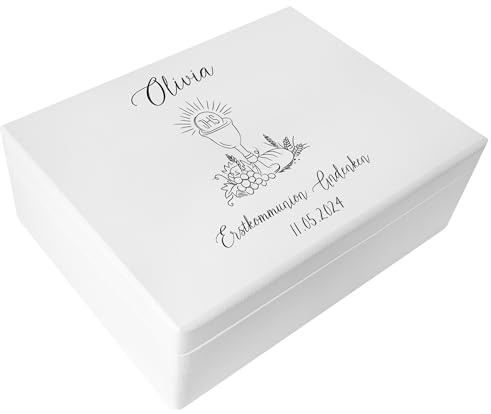Creative DECO Blanca Caja Regalo Personalizada Primera Comunión | Caja de Memoria de Madera para Niños/Niñas | Personalizado - Cáliz | Impreso | Personalizadas para Niño y Niña | Personalizados