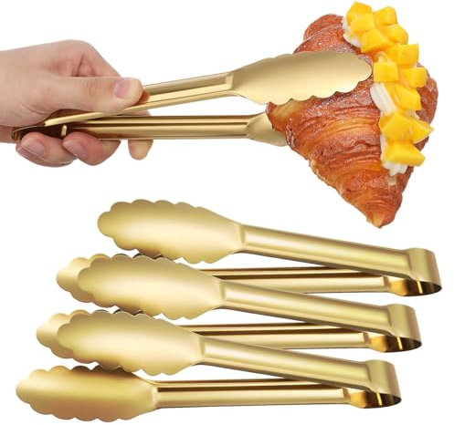 Cabilock 4 PCS Gold Stainless Steel Serving Tongs, 9 Inch, Kitchen Tongs for Cooking, Salad, Buffet, Appetizer, Dessert